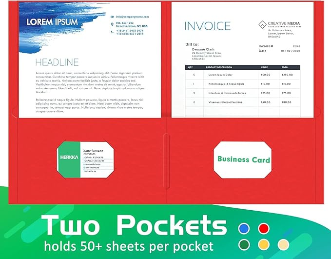 Two Pocket Folder, HERKKA 100 Pack 2 Pocket Folders, Letter Size Paper Folders Designed for Office and Classroom Use, Assorted 5 Colors