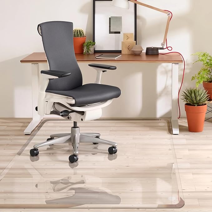JAMBALAY Premium Tempered Glass Chair Mat with Beveled Edge for Easy Roll On, 55"x46" Office Floor Mat for Carpets or Hard Floor, Office Chair Mat with 4 Non Slip Pads, Thick 0.2″