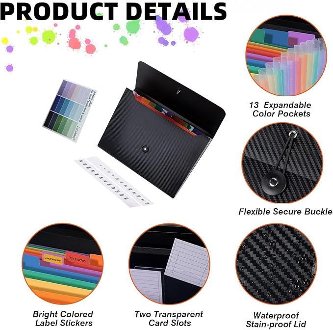 2 PCS Expanding File Folder A4,13 Pockets File Organiser with Colored Tags, Paperwork A4 Plastic Wallet Document Storage Expander for School,Office and Home, Black(Color), 2