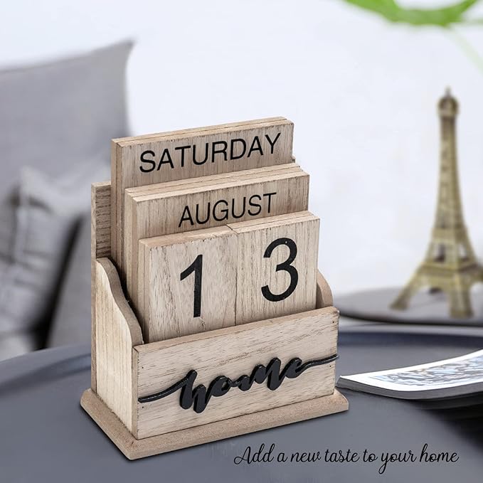 Notakia Perpetual Calendar Wooden Calendar Blocks Vintage Wood Block Calendar for Home Office Desk Accessories Week Month Date Display (Wood Color Home)