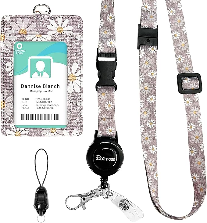 bolimoss Daisy ID Badge Holder with Adjustable Lanyard,Retractable ID Badge Card Holders Detachable Neck Lanyard Strap with Badge Reel and Leather ID Holder for Nurse Students Teachers Office Staff