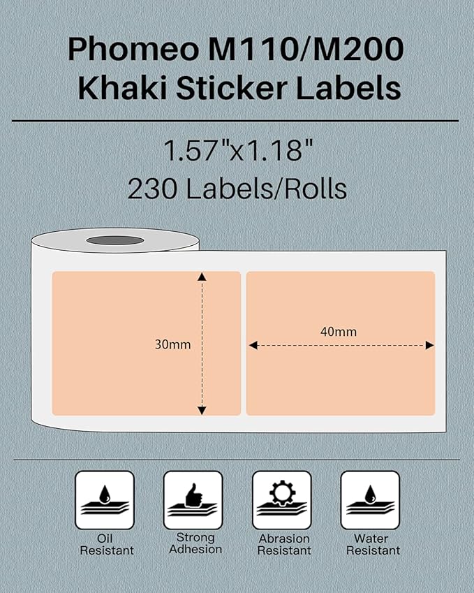 Phomemo Sticker Label M110/M221/M220/M120/M200/M110S Thermal Label- Black on Khaki 1.57"x1.18"(40x30mm) for Small Business, Home, Office, 230 Labels/Roll