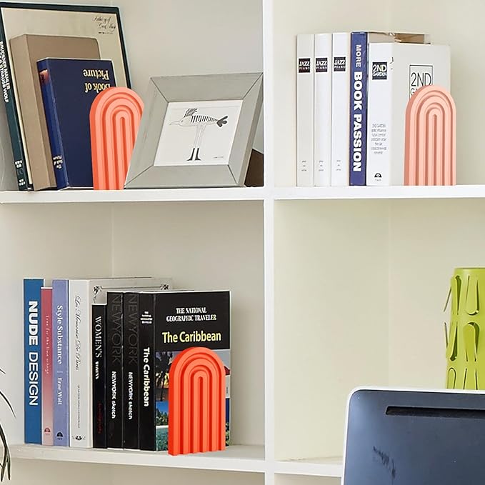 Harloon 4 Pieces Boho Arch Wood Bookends Rainbow Arch Back to School Gift Ideas Non Skid Bookend Decorative Wooden Book Stand Book Stoppers for Books Movies CDs(Vintage Color)