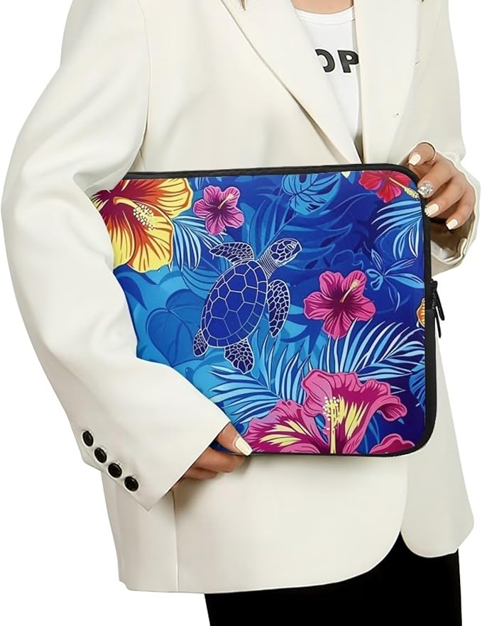 Sea Turtle Printed Laptop Briefcase for Women Men, Hibiscus Flower Printed 13 Inch Laptop Bag Messenger Bag Lightweight Laptop Case for Office Business Traveling Daily Use