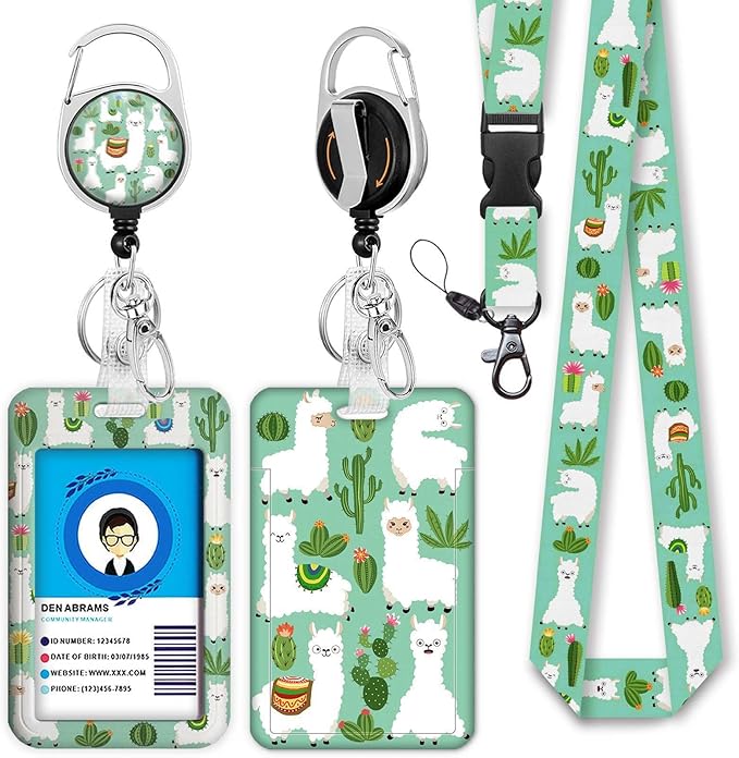 Cute Alpaca&Cactus Lanyards Detachable for Id Badges, Green Plants Retractable ID Badge Holder, Fashionable Badge Reel Heavy Duty with 360 Degrees Rotate Carabiner Clip, Nurse Teacher Office Gifts
