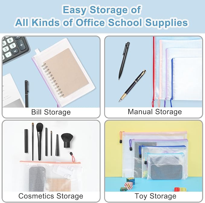 30 Pcs Mesh Zipper Bags, 9 Colors, 9 Sizes Waterproof Plastic Zipper Pouches, Multipurpose for Organizing, Home, School, Office, and Travel Storage