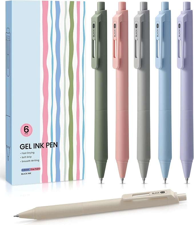 Gel Pens, 6 Pcs Quick Dry Blcak Gel Ink Pens, 0.5mm Fine Point Smooth Writing Pens for Journaling and Note Taking, Cute Aesthetic Pens for Women & Men-Pastel