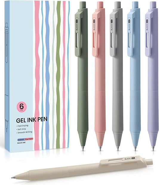 Gel Pens, 6 Pcs Quick Dry Blcak Gel Ink Pens, 0.5mm Fine Point Smooth Writing Pens for Journaling and Note Taking, Cute Aesthetic Pens for Women & Men-Pastel
