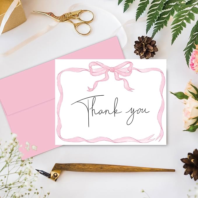 24 Pack Bow Stationery Cards with Envelops Blank Thank You Note Cards Cute Pink Ribbon Bow Plaid Greeting Cards for Wedding Birthday Bridal Baby Shower