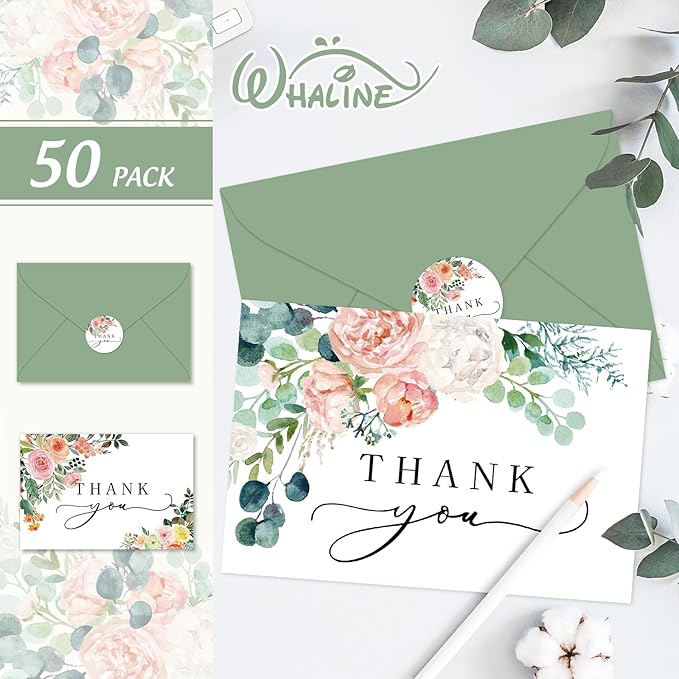 Whaline 50 Pack Floral Thank You Cards Boxed Watercolor Flower with Green Leaves Blank Note Cards with Envelopes Stickers Greeting Cards for Spring Wedding Birthday