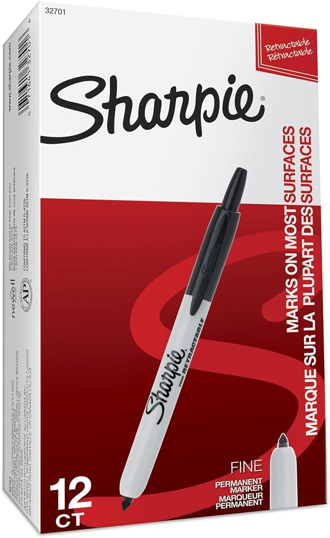 Sharpie Retractable Permanent Markers, Fine Tip Marker Set, Office Supplies, Teacher Supplies, Black, 12 Count