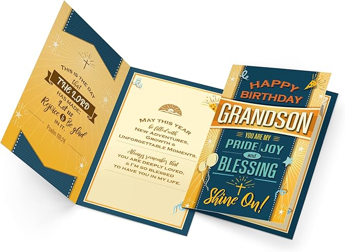 Prime Greetings Religious Birthday Card For Grandson, Made in America, Eco-Friendly, Thick Card Stock with Premium Envelope 5in x 7.75in, Packaged in Protective Mailer