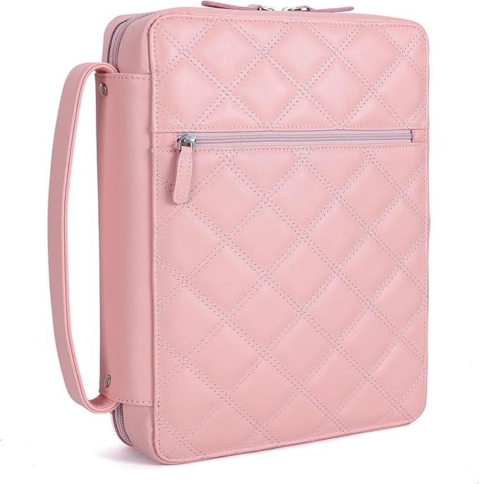 Polare Full Grain Napa Cowhide Leather Bible Cover Church Bag Bible Protective Book Holder Carrying Case Folder Organizer Portfolio for Women (Pink)