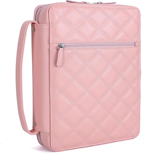 Polare Full Grain Napa Cowhide Leather Bible Cover Church Bag Bible Protective Book Holder Carrying Case Folder Organizer Portfolio for Women (Pink)