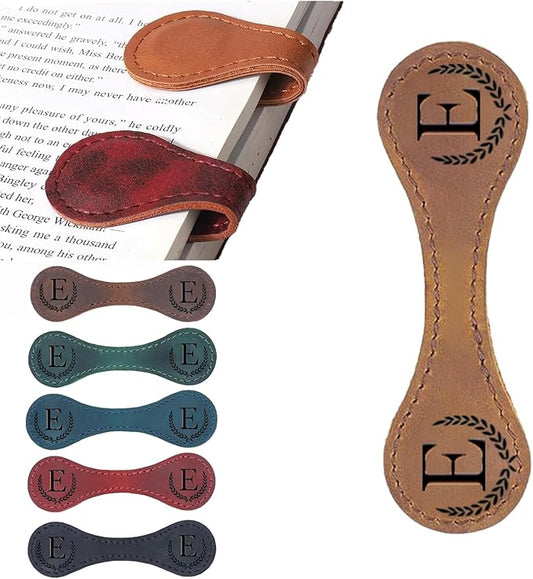 Personalized Magnetic Leather Bookmark, 26 Letters Custom Leather Bookmarks, Handmade, Leather Magnetic Bookmark for Book Lovers Readers Women Kid(Dark Yellow，E）