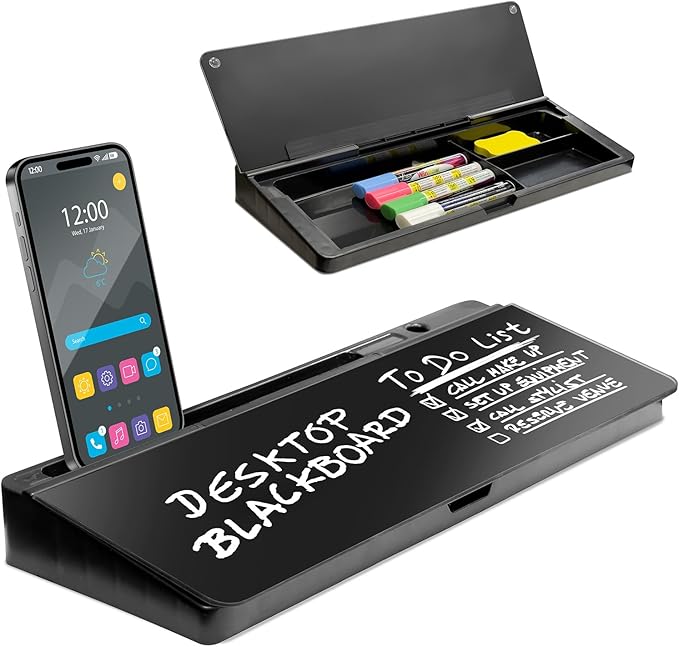 Desktop Dry Erase Board - Glass Erase Board - Black Desk Computer Buddy – Home Office & Studying Essentials - Phone & Tablet Slot, Storage Compartment - Includes 4 Markers, 1 Eraser.