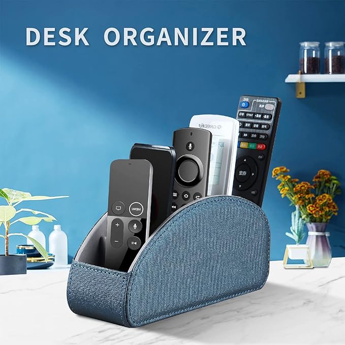 Remote Control Holder Leather TV Remote Caddy for Table, 5 Compartments Nightstand Organizer for Bedroom Accessories/Bedside Remotes/Media Controllers/Office Supplies, Decorations for Living Room