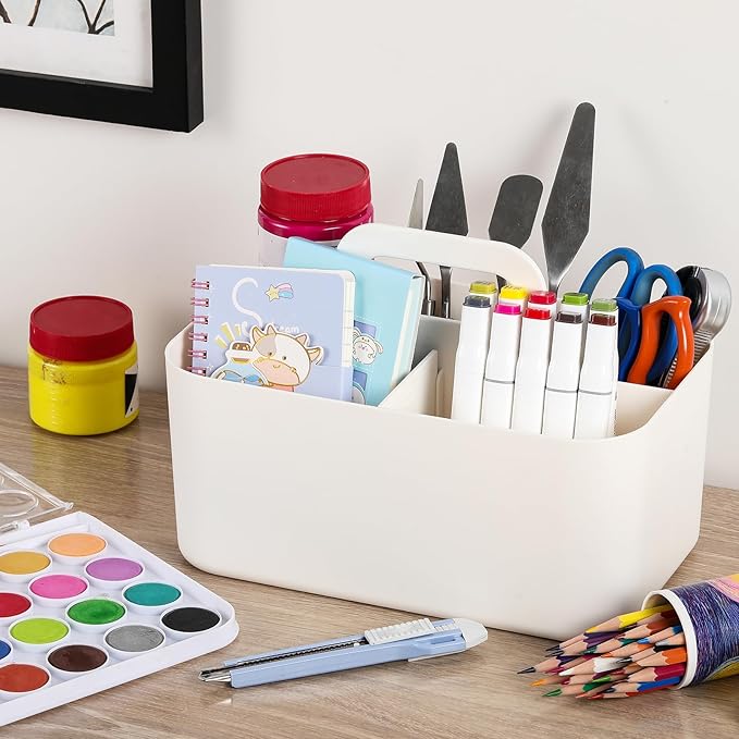 Multiuse Caddy Organizer with Handle - Stackable Plastic Tote Bin - Art Craft Supplies, Office, Desk, Stationery Pen Holder, Kitchen, Utensil, Makeup, Bathroom, Shower, Cleaning, Dorm Organizer -White