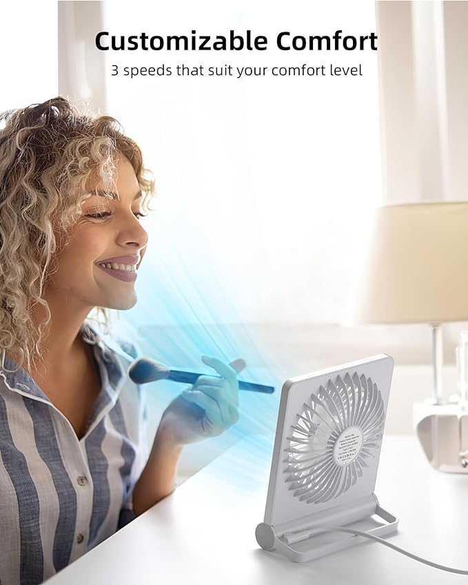 Koonie USB Fan, Strong Wind Ultra Quiet Small Desk Fan 220° Tilt Folding 3 Speeds Adjustable USB-C Corded Powered Personal Fan for Home Office Desktop White