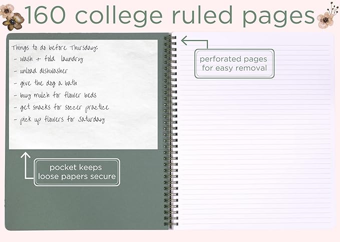 Steel Mill & Co Cute Large Spiral Notebook College Ruled, 11" x 9.5" with Durable Hardcover and 160 Lined Pages, Woodland Floral