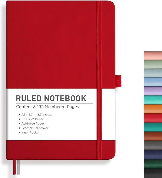 RETTACY Journaling Notebooks, A5 Lined Journal Notebook with 192 Numbered Pages, 5.7'' × 8.3'' Medium Size, for Writing, Work, Office, Leather Hardcover, 100 GSM Thick Paper (Red)