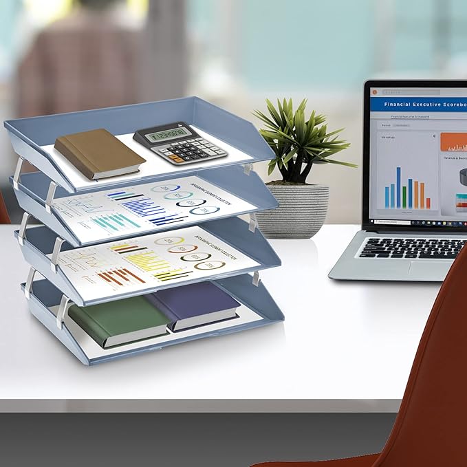 Acrimet 4 Tier Side Load Letter Tray Facility, Desktop File Organizer, A4 Letter Size Paper Organizer, Minimalist Storage Solution Paper Tray for Office, Home, Classroom (Plastic, Solid Blue Color)