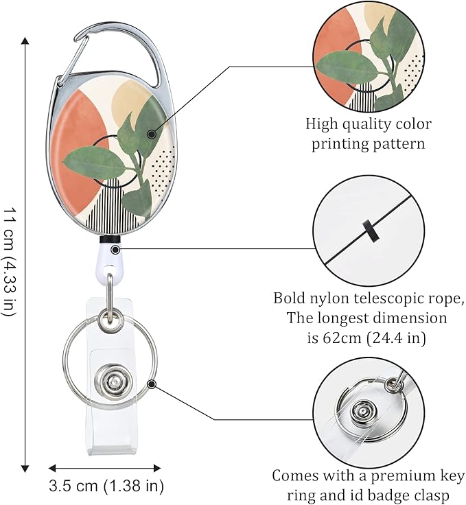 Badge Reels Retractable Double Sided Color Print Pattern Holders with Retractable Keychain and Badge Clip, Durable Nylon Rope, Foliage