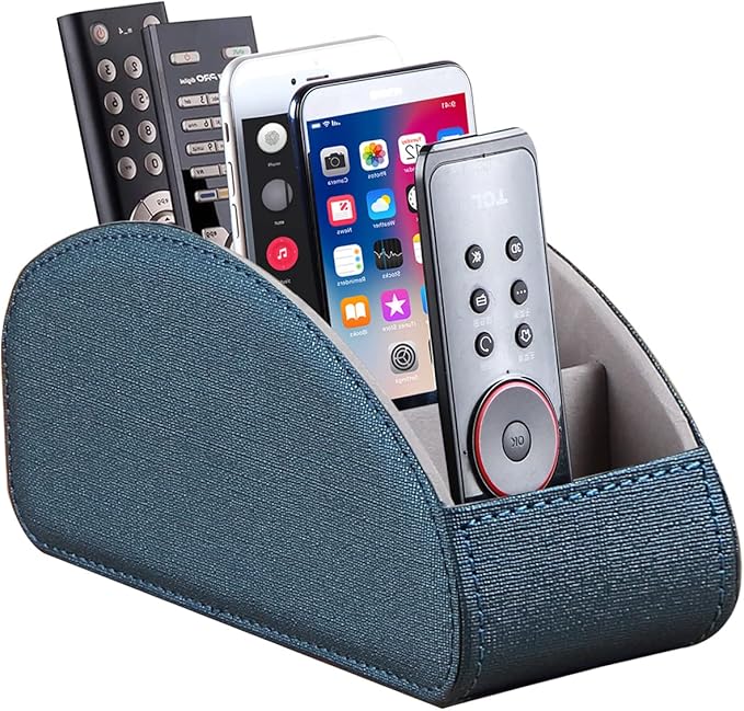 Remote Control Holder, Leather 5 Rooms Desk Organizer and Decorations for Living Room, Bedside Table Remotes Caddy for TV Controllers/ Makeup Brush Pen/ Office Stationery/ Art Supplies/ Eyeglasses