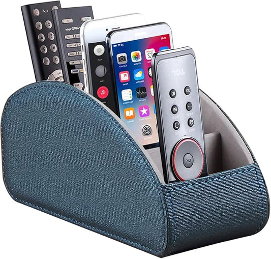 Remote Control Holder, Leather 5 Rooms Desk Organizer and Decorations for Living Room, Bedside Table Remotes Caddy for TV Controllers/ Makeup Brush Pen/ Office Stationery/ Art Supplies/ Eyeglasses