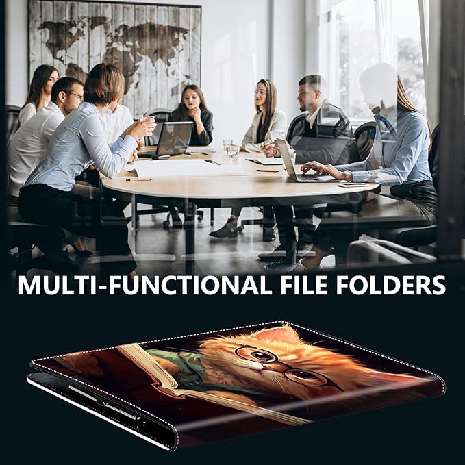 PU Leather Padfolio Clipboard Notepad with Pen Loop and Elastic Strap Interview/Resume Document Organizer for Business School Office,Kitten with Glasses