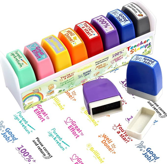 Teacher Stamps for Grading Motivational Teacher Self-Inking Stamp Set Encouraging Signature Stamp for Classroom Supplies 8 Packs Multicolor