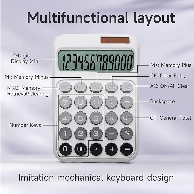 Desk Calculator,12 Digits, Large LCD Display,Big Buttons,Solar and Battery Dual Power Desktop Calculators,Cute and Aesthetic,Suitable for Office and Study (Ombre Gray, M)
