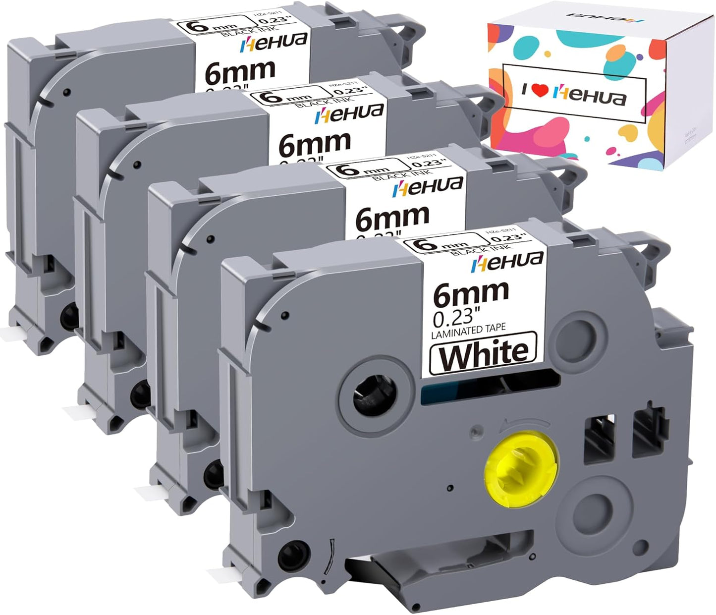 Hehua 6mm 0.23 Extra Strength Adhesive Laminated White Tape Compatible for Brother TZe-S211 TZeS211 TZ-S211 TZS211 for Ptouch PT D210 D200 H110 H100, 1/4'' x 26.2ft Black on White, 4 Pack