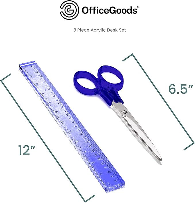 OfficeGoods 3 Piece Acrylic Desk Set - Includes Ruler, Staple Remover, Scissors - Functional & Elegant Desk Accessories - Stationery Tools for Home, Office, and School - Blue with Silver Metal