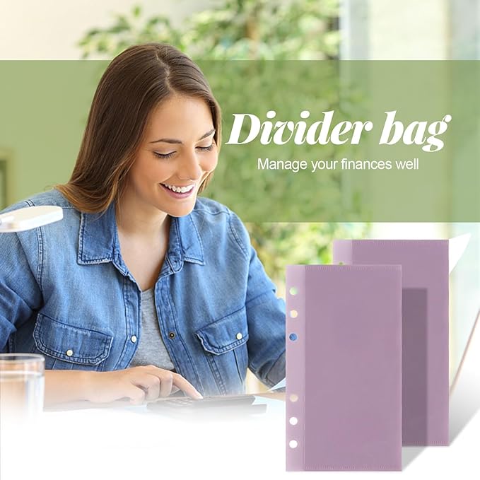 A6 Binder Pockets with No Zipper, Koqye Blue 10 Pcs Plastic Zipless Budget Envelopes, Two Pockets Frosted Cash Envelopes Money Bag for Budgeting, Cash Stuffing (Purple-2set)