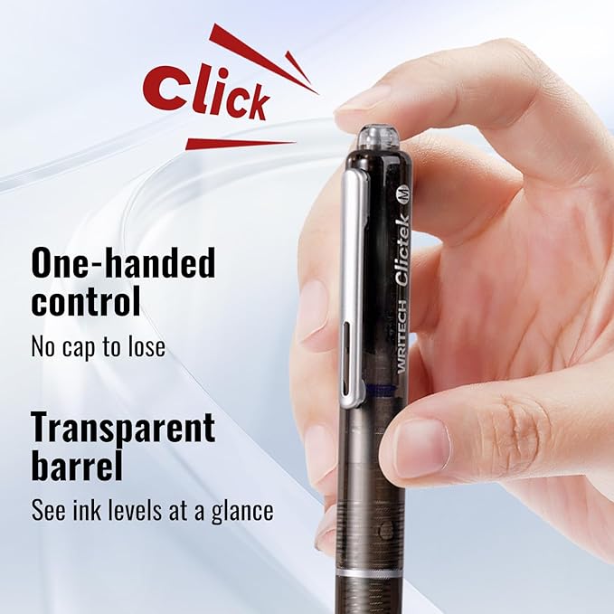 WRITECH Clictek Fountain Pen Retractable: Medium Nib Blue Ink Transparent Barrel Includes 5 Refillable Ink Cartridges, Smooth Writing No Leaking