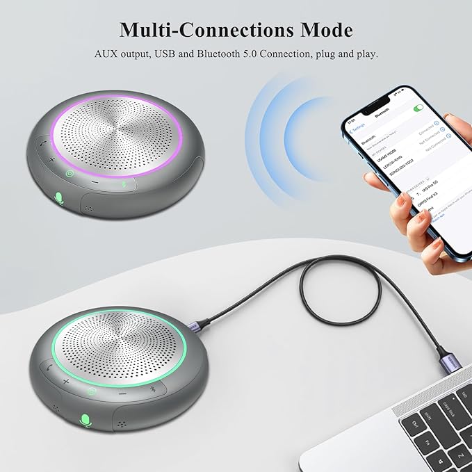 Conference Speaker with Microphone, Silver 360° Voice Pickup Portable Conference Microphone Noise Reduction Bluetooth 5.0 Speakerphone for Zoom, Webex, Home, Office, Online Calling