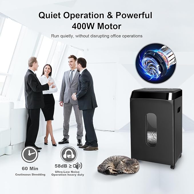 60-Minute Continuous Paper Shredder | P5 Security Level | 2x15mm Micro-Cut | 58dB Quiet Operation | 10-Sheet Capacity | Jam-Proof & 6.1Gal Bin | Heavy Duty for Home/Office