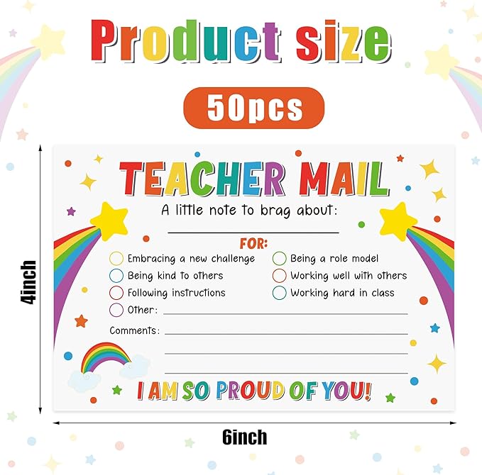 50PCS Colorful Teacher Mail Notes to Parents Rainbow Classroom Good Behavior Incentive Cards Teacher Motivational Postcard to Send Home for Preschool Kindergarten Elementary School Teacher Supplies