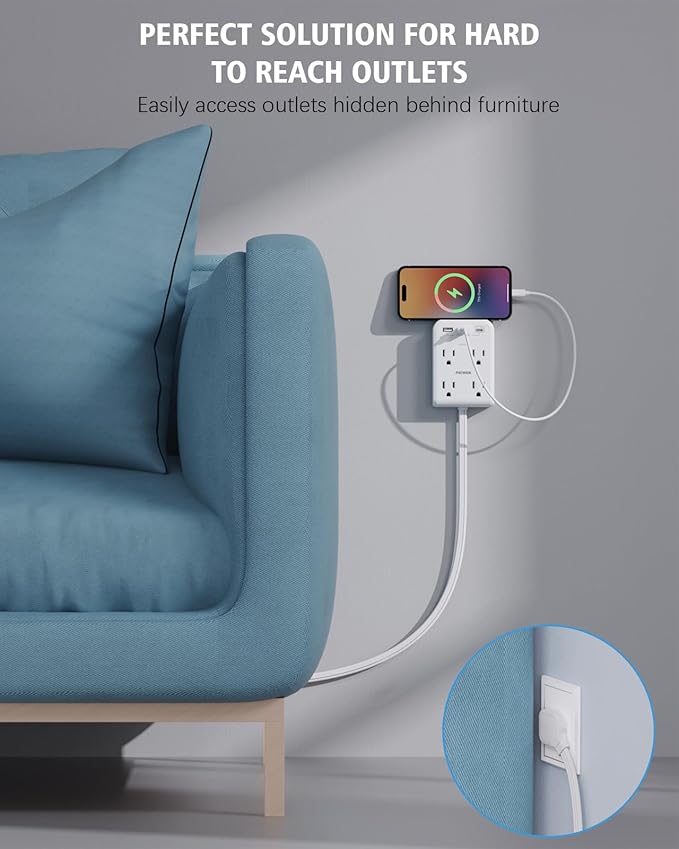 Flat Plug Outlet Extender with 3 USB Wall Plug(1 Type C), 4 AC Socket Wall Adapter, Electrical Outlet Extender, Power Strip Surge Protection with 8 ft Thin Extension Cord. White