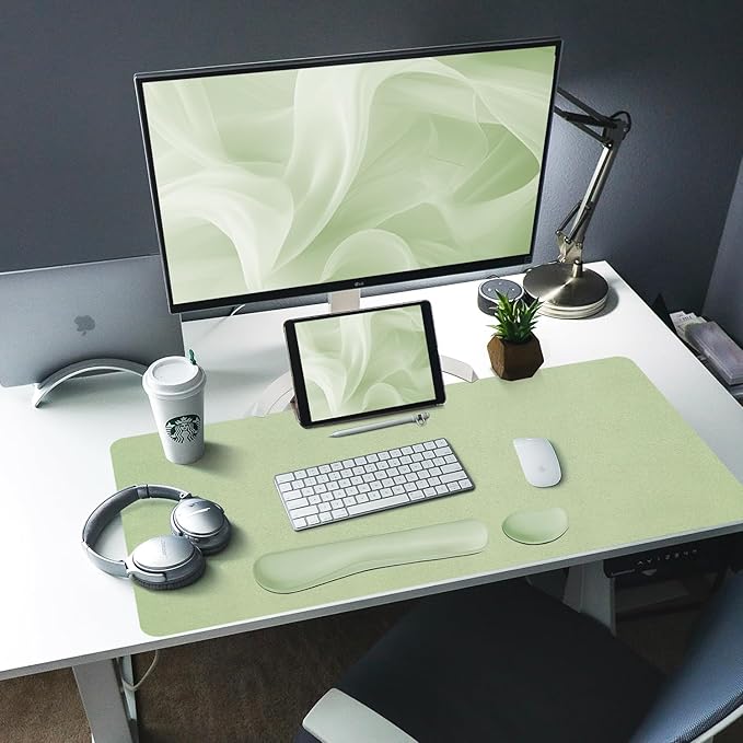 Bloss Leather Desk Mat and Keyboard Wrist Rest, Large Mouse Pad + Keyboard Pad+Mouse Wrist Support, Non-Slip Desk Mat Protector for Office, Home(31.5×15.7 Inches, Green)