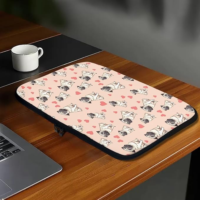 Pug Dog Printed Computer Bags for Laptops for Women, Heart Pattern Computer Carrying Cover Laptop Briefcase, 12 Inch Water Resistant Laptop Case Portable Computer Case Bag