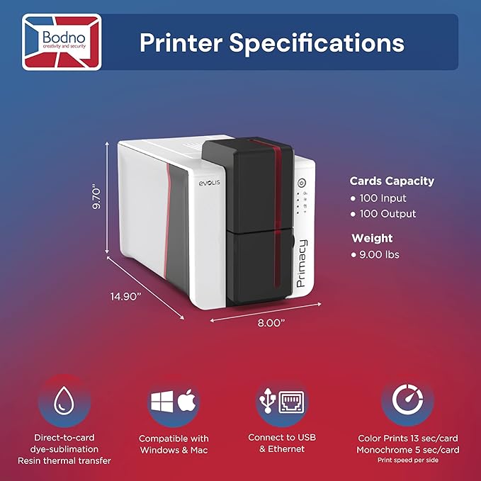 Bodno Evolis Primacy 2 Single Sided ID Card Printer & Complete Supplies Package Gold Edition ID Software