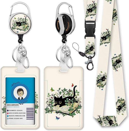 Giancomics Lanyards for Id Badges, Book Black Cat ID Badge Holder with Lanyard Badge Reel Retractable, Lanyard with ID Holder Keychain Clip Name Tag Cute ID Card Holder for Teacher Women Work Office