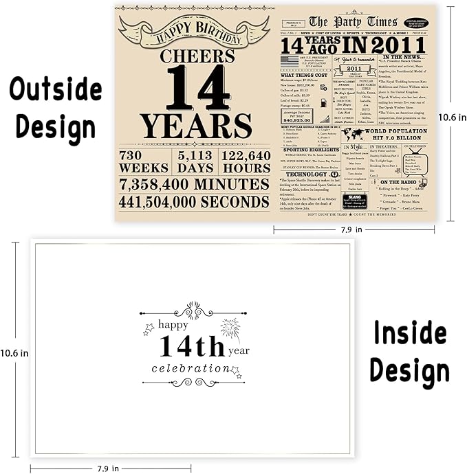 Retro 14th Birthday Card for Girls Boys, Funny 14th Birthday Gift Ideas for Daughter Son, Happy 14 Year Old Bday Decorations for Her Him