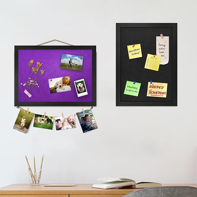 Bulletin Boards Cork Board with Felt, 15"x11" Small Display Pin Board Vision Board for Walls, Jewelry, Notes, Collection, Photos, Office, Wood Framed(Black) & Felt(Purple), 1pc