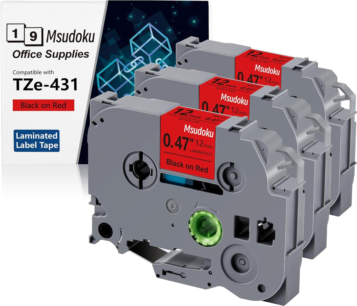 12mm 0.47 Inch Laminated Red TZe-431 TZe 431 TZe431 Tape Compatible for Brother P Touch Label Maker Label Tape for PT D200 D210 D220 D400 Cube Label Maker, Black on Red, 3 Pack