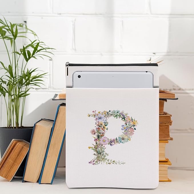 Monogrammed Book Sleeve Floral P Initial Book Pouch Book Accessories Book Lovers Gifts Waterproof Book Cover Book Protector Bookish Gifts Personalized Gifts for Women Girls Readers Bride Girlfriend