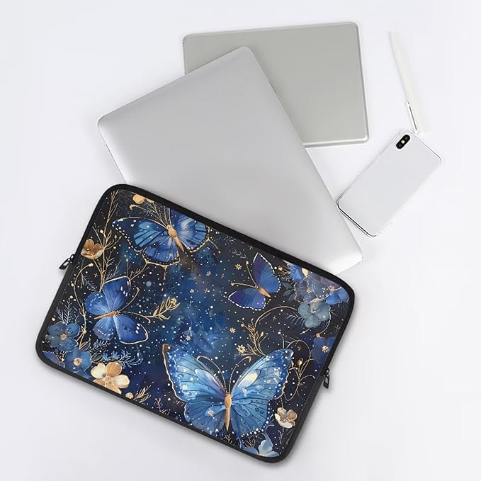 Butterfly Flower Laptop Sleeve for Women 13 inch Laptop Protector with Multiple Uses Computer Carrying Case Portable Tablet Bag Lap Top Case Men Laptop Protector Galaxy Blue