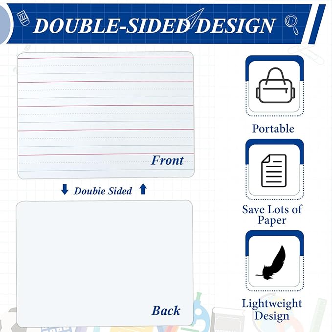 24 Pack Dry Erase Boards, 9"x12" Double Sided Whiteboards Small Whiteboards with Lines for Students, Kids, Teacher Classroom, Mini Portable White Boards with 24 Makers, 24 Erasers